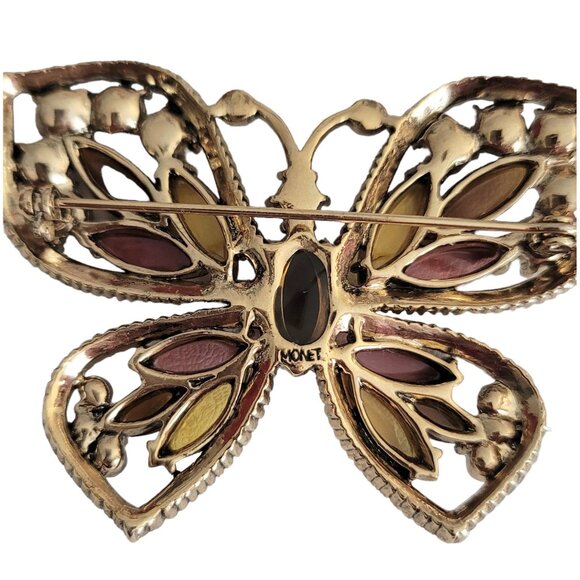 Monet Gold Tone Rhinestone Butterfly Pin Brooch, Signed - Picture 3 of 6
